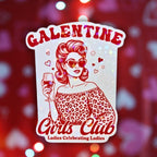 Star holographic Galentine Girls Club sticker featuring retro pin-up woman with heart sunglasses and wine glass, perfect for friendship gifts and parties