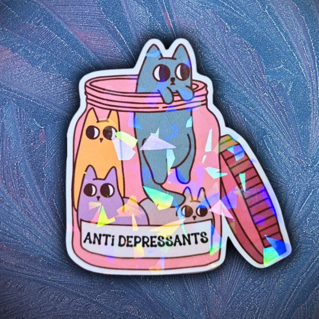 Anti Depressants Cat Pill Bottle - Sticker - Holographic Sticker | The TabbyLoaf