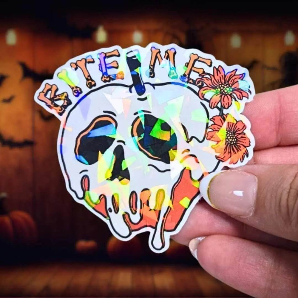 Bite Me - Sticker Holographic Poison Apple Skull with Flowers | Spooky Cute Halloween Vinyl Sticker for Laptop, Water Bottle, Journal Decor - Holographic Sticker | The TabbyLoaf