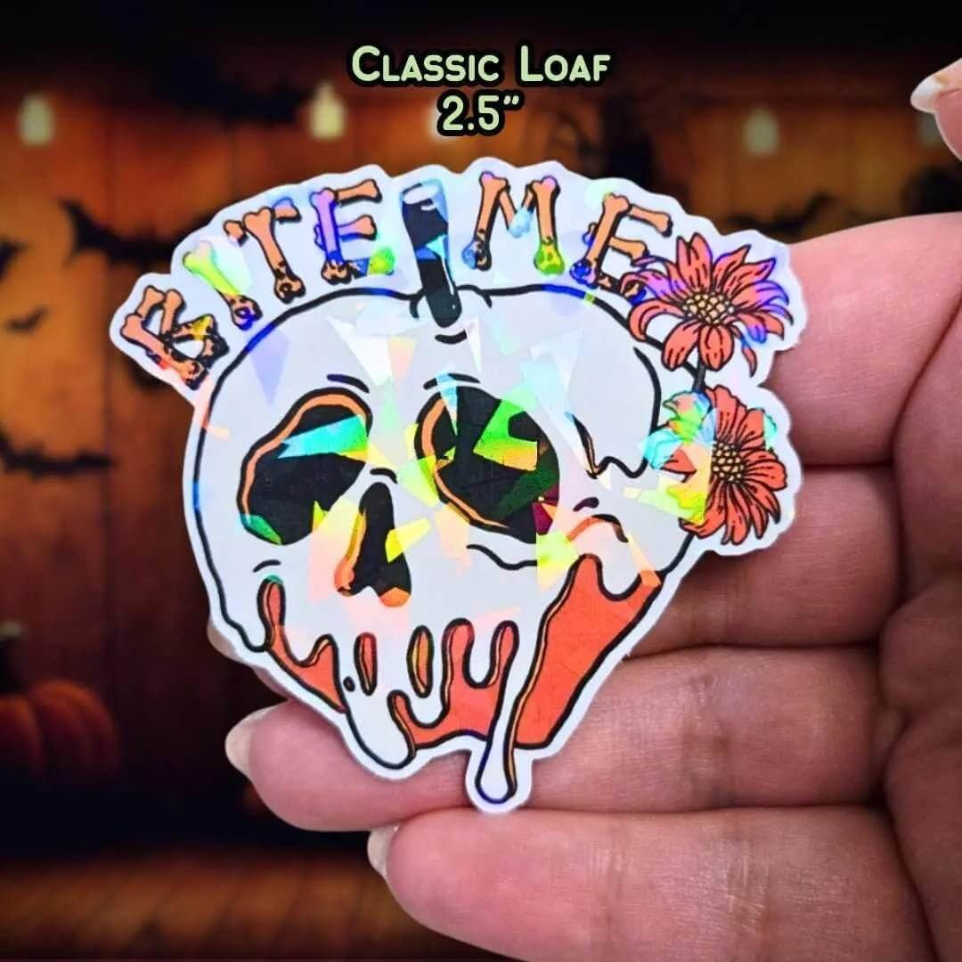 Bite Me - Sticker Holographic Poison Apple Skull with Flowers | Spooky Cute Halloween Vinyl Sticker for Laptop, Water Bottle, Journal Decor - Holographic Sticker | The TabbyLoaf