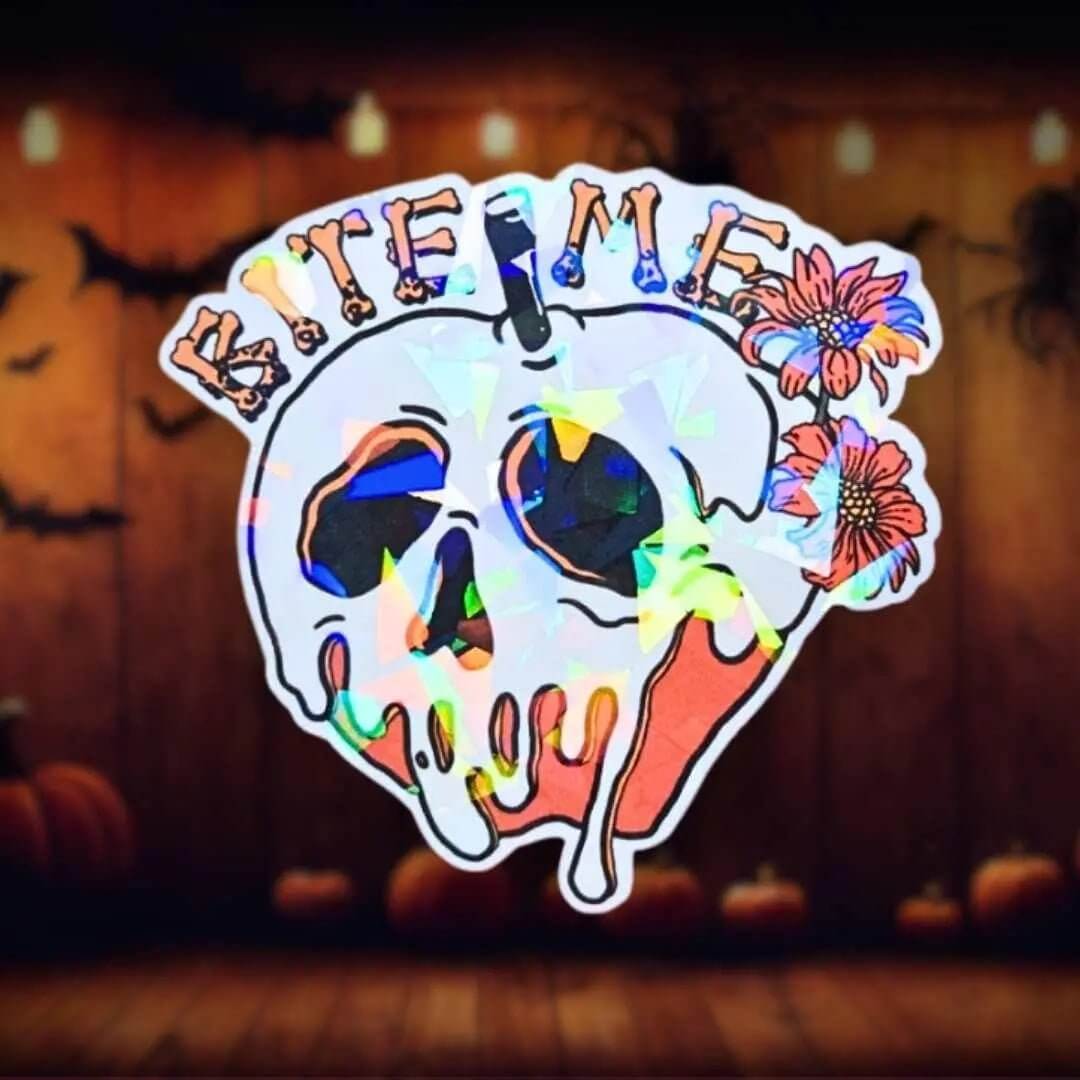 Bite Me - Sticker Holographic Poison Apple Skull with Flowers | Spooky Cute Halloween Vinyl Sticker for Laptop, Water Bottle, Journal Decor - Holographic Sticker | The TabbyLoaf