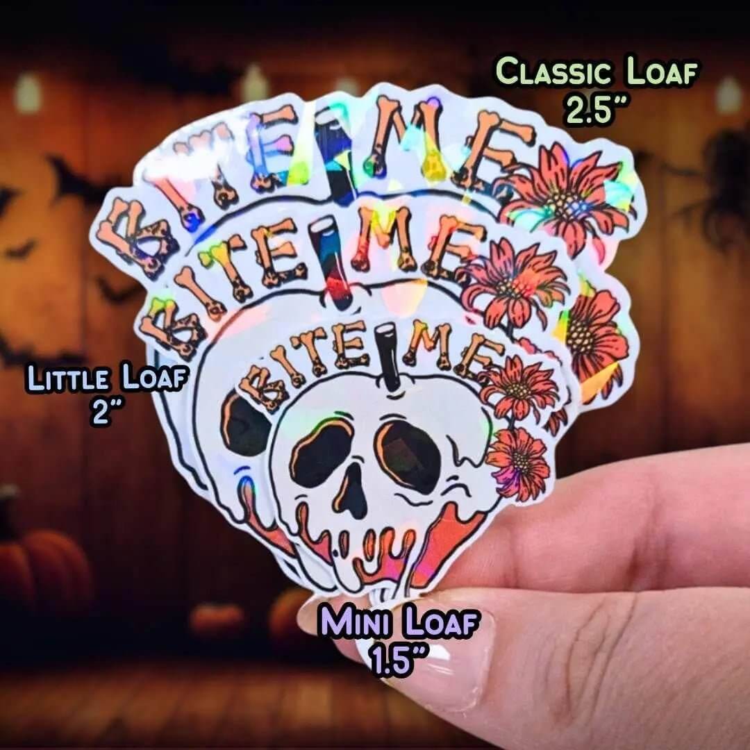 Bite Me - Sticker Holographic Poison Apple Skull with Flowers | Spooky Cute Halloween Vinyl Sticker for Laptop, Water Bottle, Journal Decor - Holographic Sticker | The TabbyLoaf