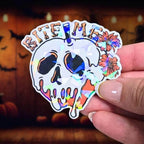 Bite Me - Sticker Holographic Poison Apple Skull with Flowers | Spooky Cute Halloween Vinyl Sticker for Laptop, Water Bottle, Journal Decor - Holographic Sticker | The TabbyLoaf