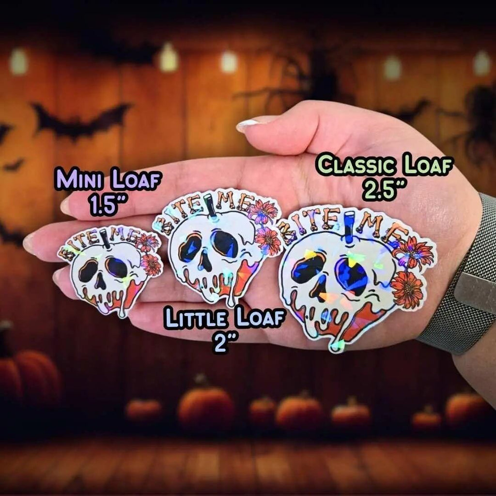 Bite Me - Sticker Holographic Poison Apple Skull with Flowers | Spooky Cute Halloween Vinyl Sticker for Laptop, Water Bottle, Journal Decor - Holographic Sticker | The TabbyLoaf