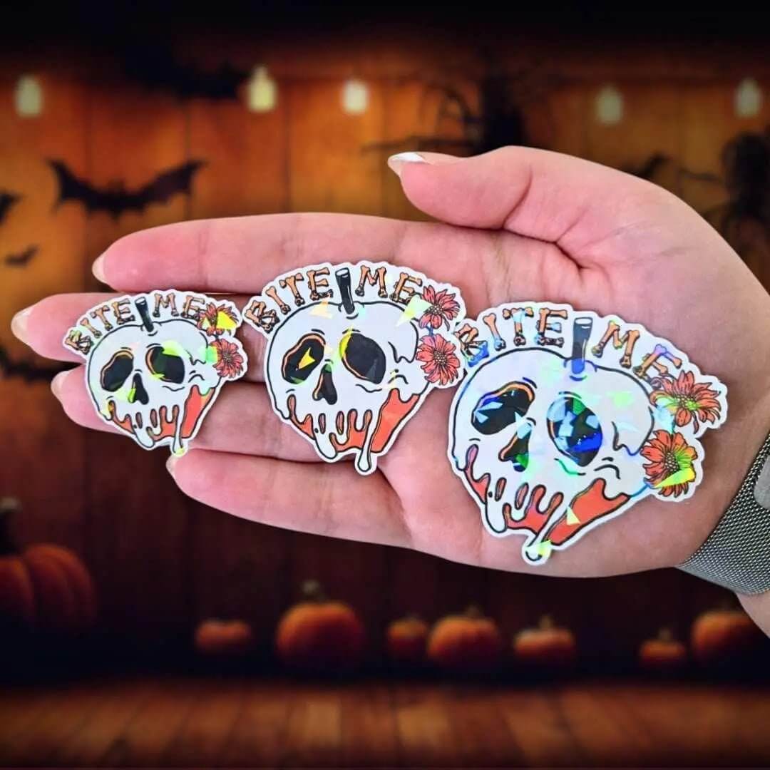 Bite Me - Sticker Holographic Poison Apple Skull with Flowers | Spooky Cute Halloween Vinyl Sticker for Laptop, Water Bottle, Journal Decor - Holographic Sticker | The TabbyLoaf