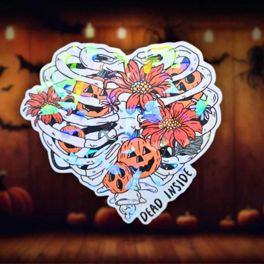 Dead Inside Skeleton Ribs - Sticker Holographic Heart Shaped Ribcage with Pumpkins & Flowers | Gothic Spooky Cute Sticker, Halloween Décor - Holographic Sticker | The TabbyLoaf