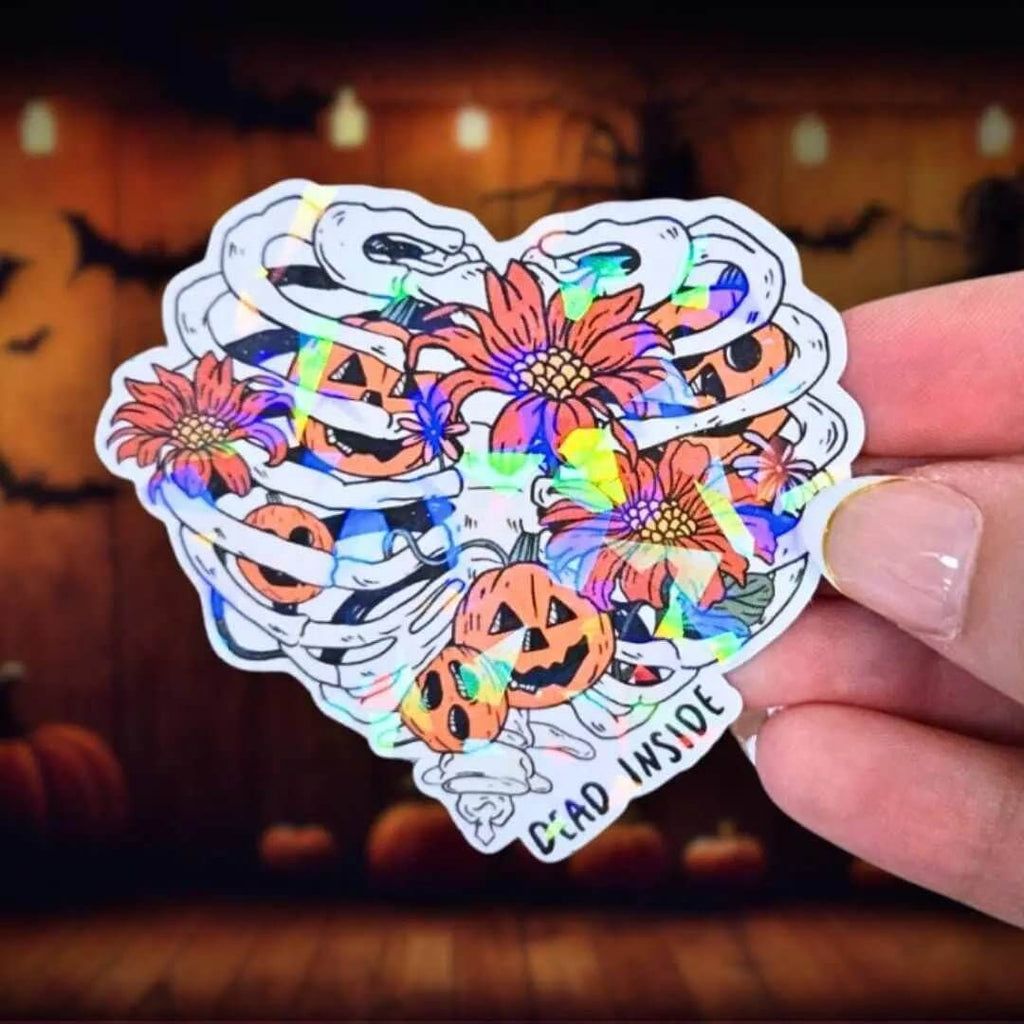Dead Inside Skeleton Ribs - Sticker Holographic Heart Shaped Ribcage with Pumpkins & Flowers | Gothic Spooky Cute Sticker, Halloween Décor - Holographic Sticker | The TabbyLoaf