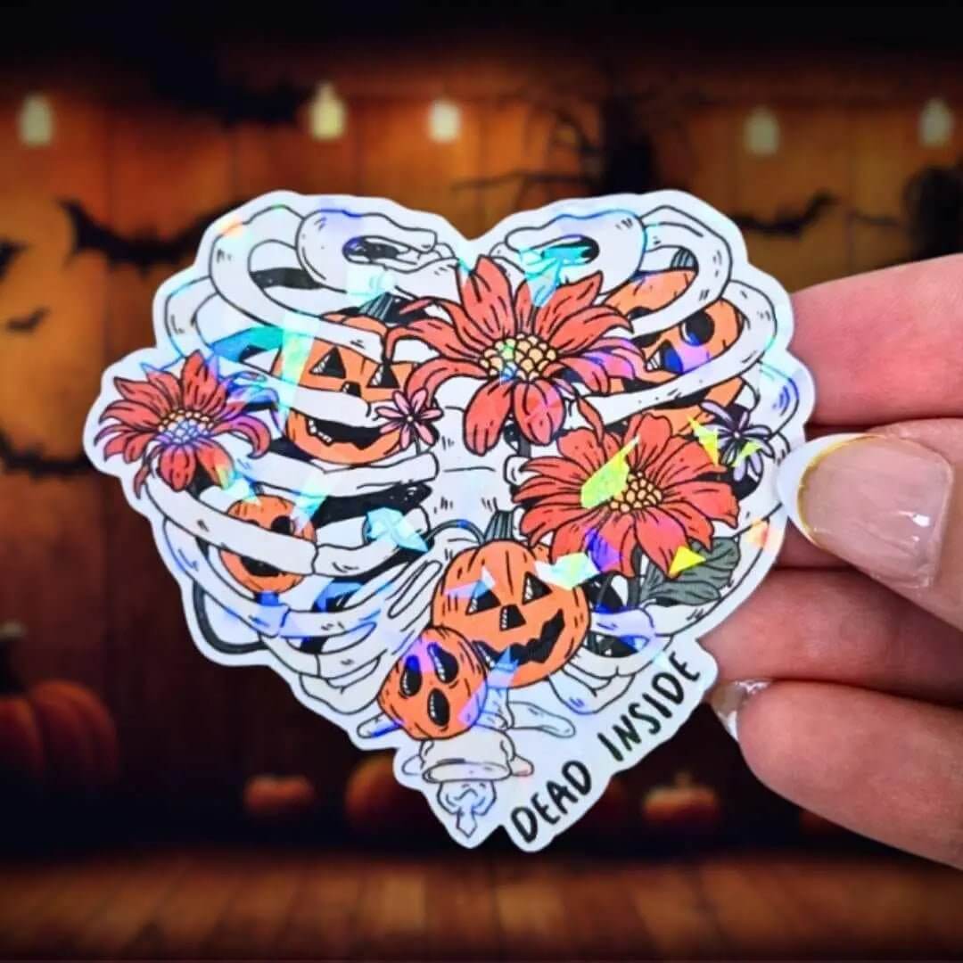 Dead Inside Skeleton Ribs - Sticker Holographic Heart Shaped Ribcage with Pumpkins & Flowers | Gothic Spooky Cute Sticker, Halloween Décor - Holographic Sticker | The TabbyLoaf