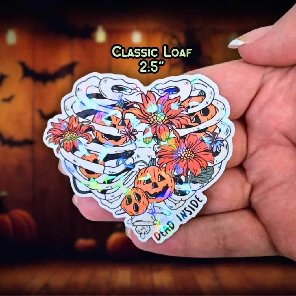 Dead Inside Skeleton Ribs - Sticker Holographic Heart Shaped Ribcage with Pumpkins & Flowers | Gothic Spooky Cute Sticker, Halloween Décor - Holographic Sticker | The TabbyLoaf