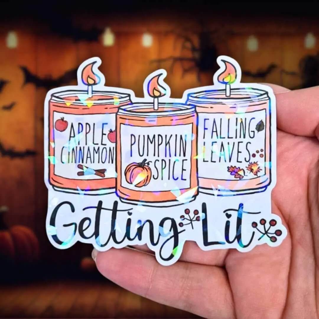 Fall Candles "Getting Lit" - Sticker Holographic Vinyl Sticker Fall Apple Cinnamon & Pumpkin Spice Candles Cute Autumn Sticker, Fall Smells - Holographic Sticker | The TabbyLoaf