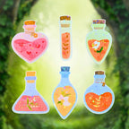 Star holographic Floral Potion Bottle 6‑Pack featuring heart and vial‑shaped bottles filled with flowers — magical botanical aesthetic for journal and craft use.