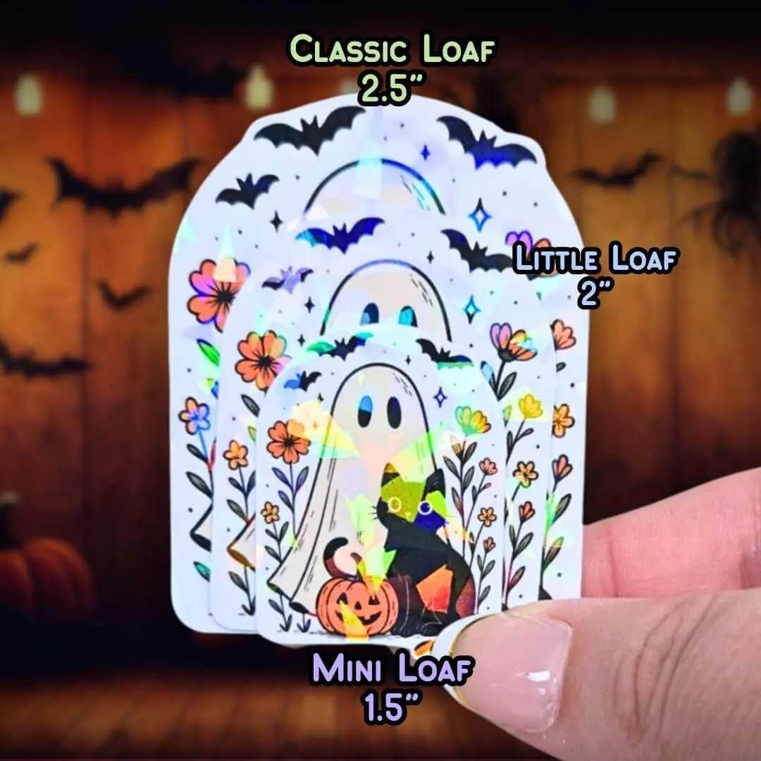 Ghost and Black Cat - Sticker Holographic Halloween Vinyl Sticker with Pumpkin & Flowers | Cute Spooky Sticker for Laptop, Water Bottle - Holographic Sticker | The TabbyLoaf