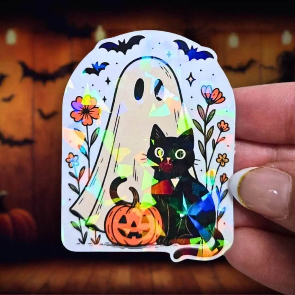 Ghost and Black Cat - Sticker Holographic Halloween Vinyl Sticker with Pumpkin & Flowers | Cute Spooky Sticker for Laptop, Water Bottle - Holographic Sticker | The TabbyLoaf
