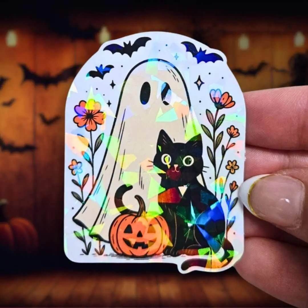 Ghost and Black Cat - Sticker Holographic Halloween Vinyl Sticker with Pumpkin & Flowers | Cute Spooky Sticker for Laptop, Water Bottle - Holographic Sticker | The TabbyLoaf