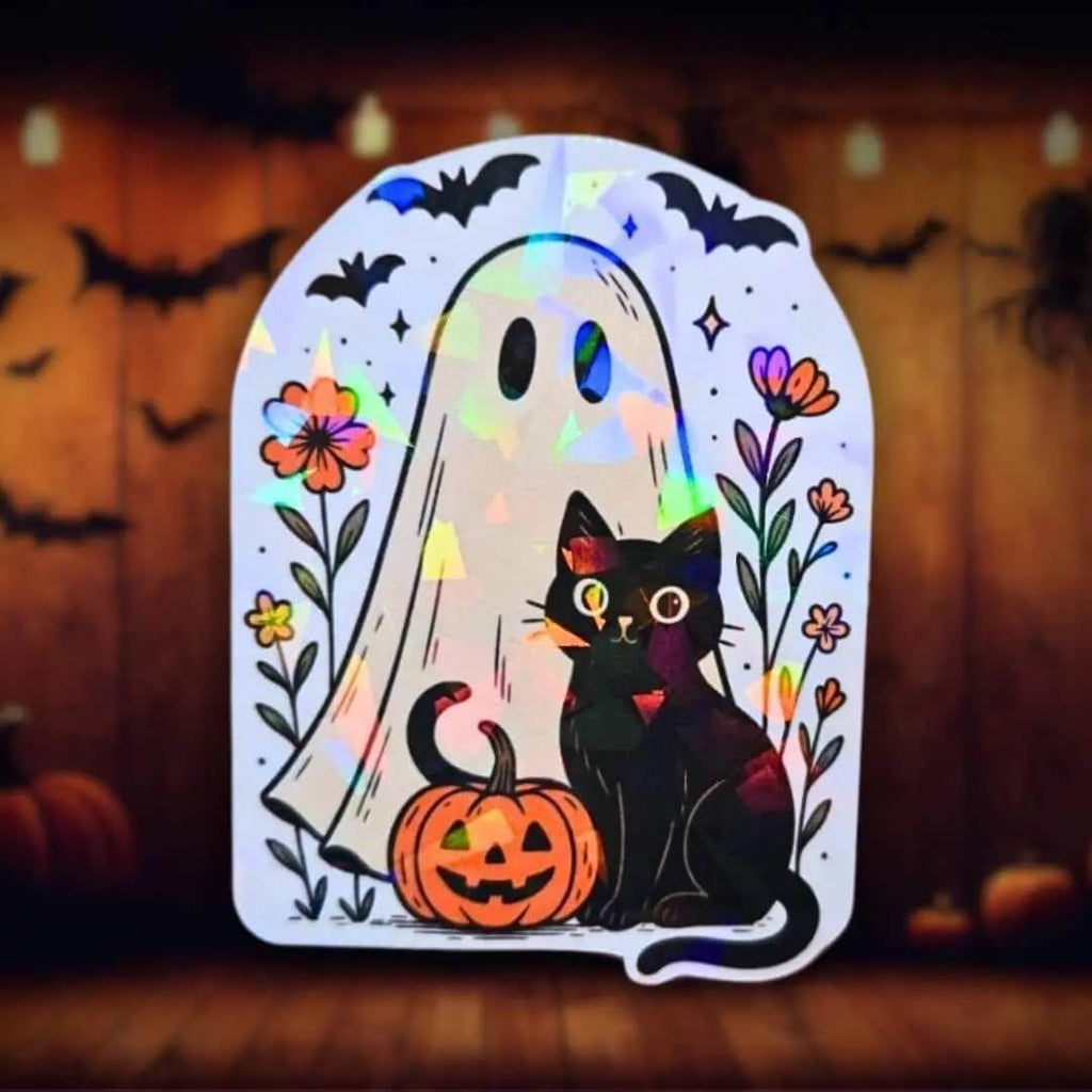 Ghost and Black Cat - Sticker Holographic Halloween Vinyl Sticker with Pumpkin & Flowers | Cute Spooky Sticker for Laptop, Water Bottle - Holographic Sticker | The TabbyLoaf