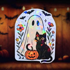 Ghost and Black Cat - Sticker Holographic Halloween Vinyl Sticker with Pumpkin & Flowers | Cute Spooky Sticker for Laptop, Water Bottle - Holographic Sticker | The TabbyLoaf