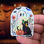 Ghost and Black Cat - Sticker Holographic Halloween Vinyl Sticker with Pumpkin & Flowers | Cute Spooky Sticker for Laptop, Water Bottle - Holographic Sticker | The TabbyLoaf