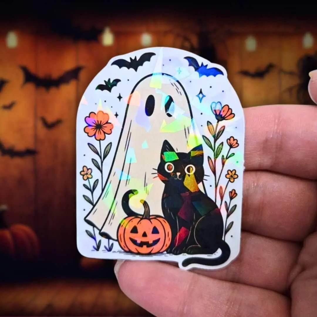 Ghost and Black Cat - Sticker Holographic Halloween Vinyl Sticker with Pumpkin & Flowers | Cute Spooky Sticker for Laptop, Water Bottle - Holographic Sticker | The TabbyLoaf