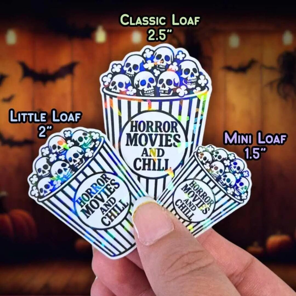 Horror Movies and Chill - Sticker Holographic Popcorn Bucket with Skulls | Spooky Halloween Vinyl Sticker for Laptop, Water Bottle, Journal - Holographic Sticker | The TabbyLoaf