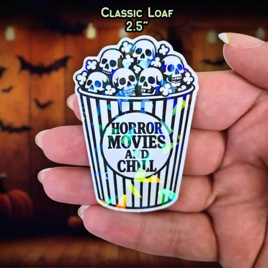 Horror Movies and Chill - Sticker Holographic Popcorn Bucket with Skulls | Spooky Halloween Vinyl Sticker for Laptop, Water Bottle, Journal - Holographic Sticker | The TabbyLoaf