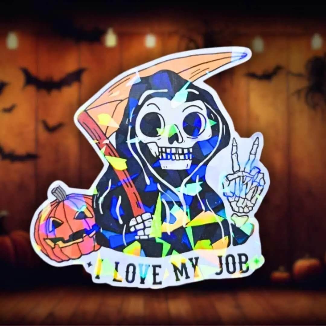 I Love My Job - Sticker Holographic Grim Reaper with Pumpkin and Scythe | Funny Spooky Halloween Vinyl Sticker for Laptop, Water Bottle - Holographic Sticker | The TabbyLoaf