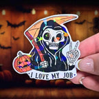 I Love My Job - Sticker Holographic Grim Reaper with Pumpkin and Scythe | Funny Spooky Halloween Vinyl Sticker for Laptop, Water Bottle - Holographic Sticker | The TabbyLoaf