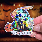 I Love My Job - Sticker Holographic Grim Reaper with Pumpkin and Scythe | Funny Spooky Halloween Vinyl Sticker for Laptop, Water Bottle - Holographic Sticker | The TabbyLoaf