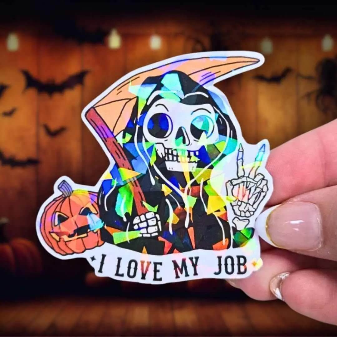 I Love My Job - Sticker Holographic Grim Reaper with Pumpkin and Scythe | Funny Spooky Halloween Vinyl Sticker for Laptop, Water Bottle - Holographic Sticker | The TabbyLoaf