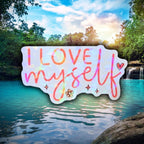 Gem holographic I Love Myself sticker with pastel lettering on white background — positive self‑love affirmation for journals and mirrors.