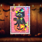 Gem holographic witchy black cat sticker on pumpkin holding lightning mug, cute cozy Halloween vinyl for cat lovers and journals