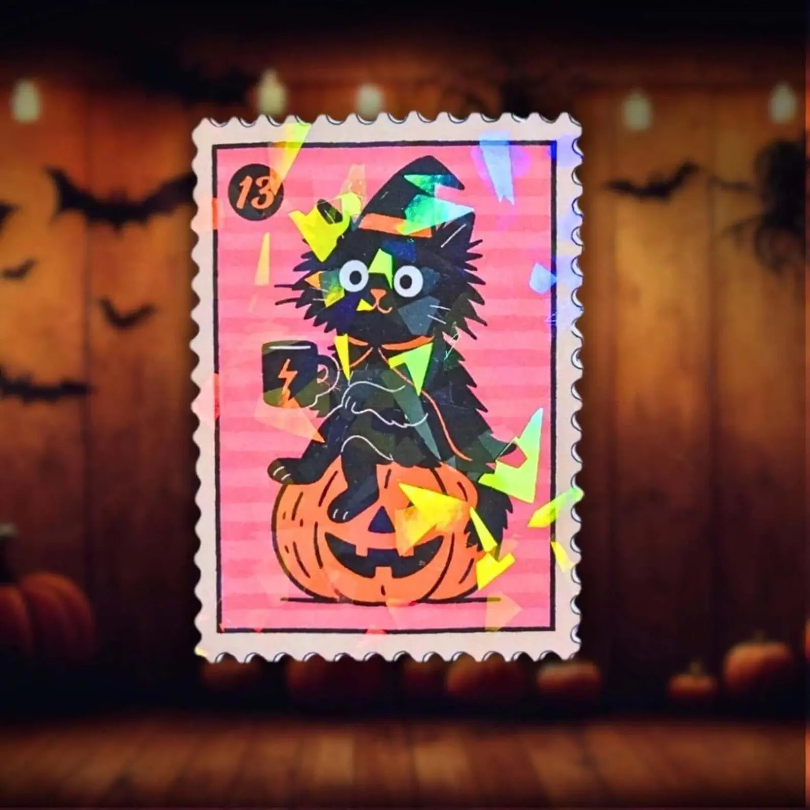 Gem holographic witchy black cat sticker on pumpkin holding lightning mug, cute cozy Halloween vinyl for cat lovers and journals