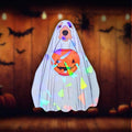 Gem holographic ghost dog sticker with pumpkin bucket, cute spooky Halloween vibe perfect for dog lovers and pet parents