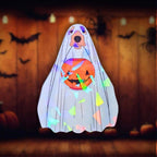 Gem holographic ghost dog sticker with pumpkin bucket, cute spooky Halloween vibe perfect for dog lovers and pet parents