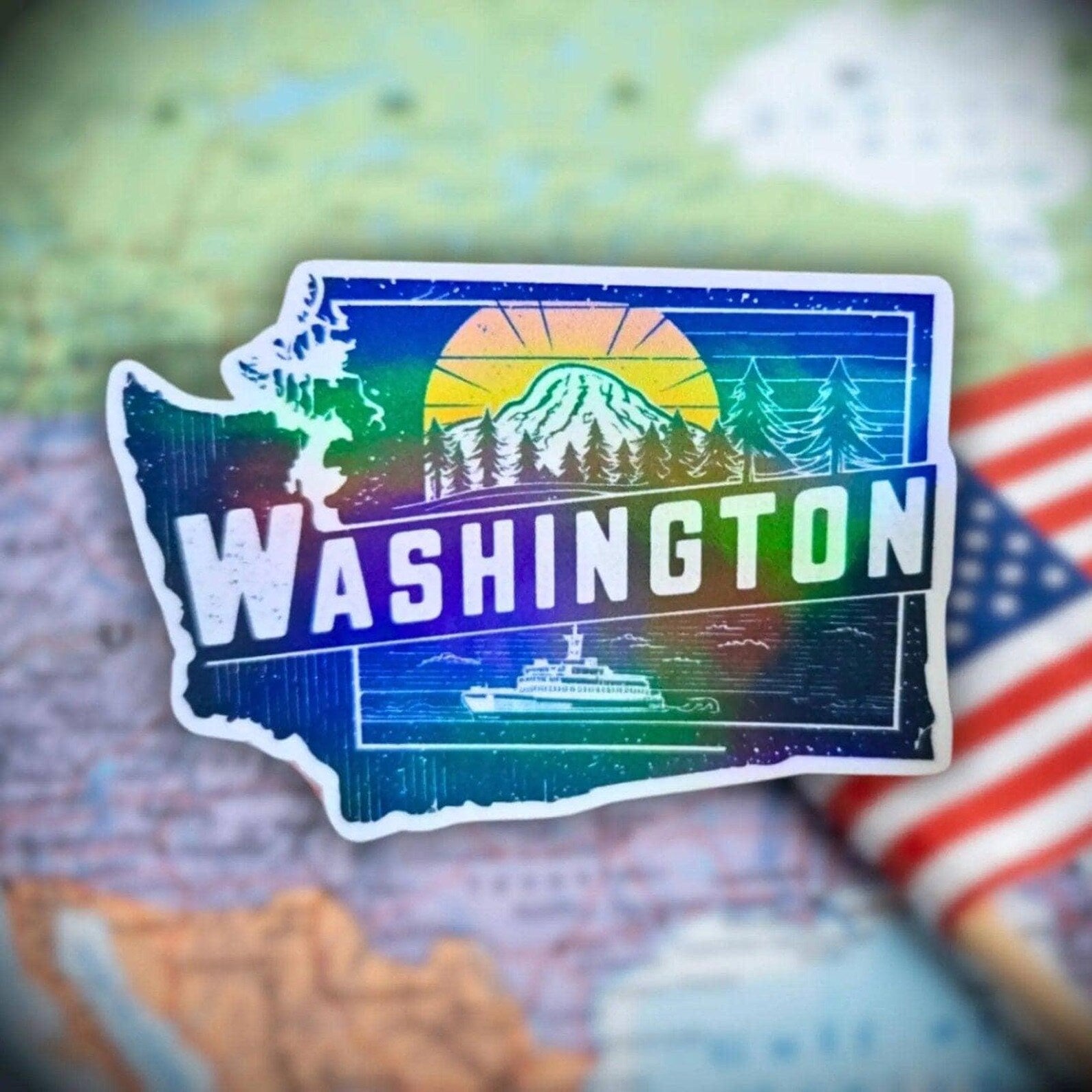 Rainbow holographic Washington state travel sticker with Mount Rainier, ferry, and sunset scene—ideal souvenir for journals, maps, and travel gear.