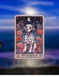 Gem holographic The Dalmatian sticker with moon, stars, and pink florals, celestial dog art for animal lovers and journaling