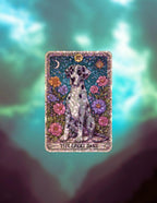 Gem holographic Great Dane sticker surrounded by colorful florals under a starry night sky, celestial dog art for collectors and pet lovers