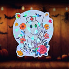Gem holographic nurse ghost sticker with syringe and flowers, cute spooky medical theme, perfect for nurses and Halloween fans