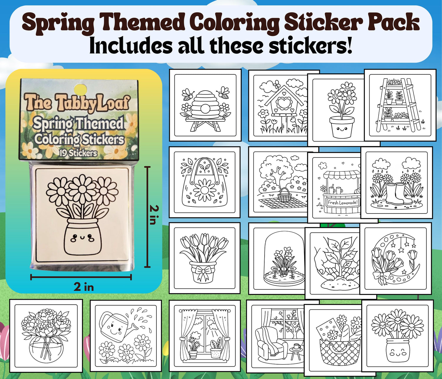 Spring Themed Coloring Sticker Pack – 19 Cute Floral Stickers to Color | Seasonal Crafts, Journal Stickers, Gift for Kids