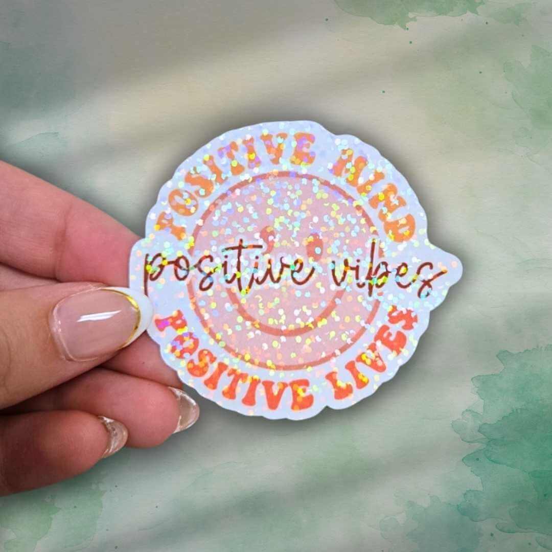 Positive Vibes Sticker – Holographic Smiley Face Vinyl Decal | Motivational Quote Laptop Water Bottle or Journal Sticker Thoughts are Energy