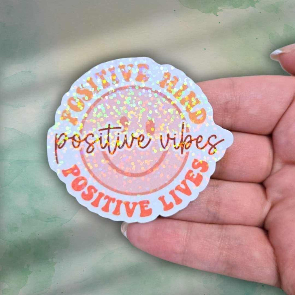 Positive Vibes Sticker – Holographic Smiley Face Vinyl Decal | Motivational Quote Laptop Water Bottle or Journal Sticker Thoughts are Energy