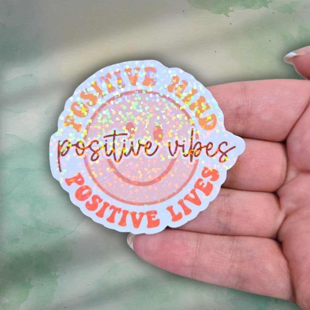 Positive Vibes Sticker – Holographic Smiley Face Vinyl Decal | Motivational Quote Laptop Water Bottle or Journal Sticker Thoughts are Energy