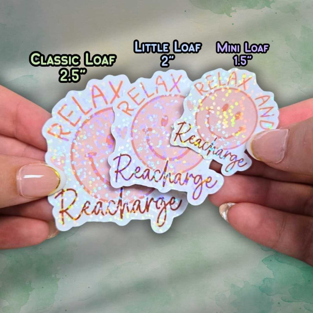 Relax and Recharge Sticker – Holographic Smiley Face Vinyl Decal | Self Care Mental Health Laptop, Water Bottle, or Journal Sticker