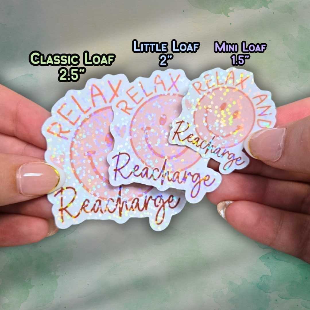 Relax and Recharge Sticker – Holographic Smiley Face Vinyl Decal | Self Care Mental Health Laptop, Water Bottle, or Journal Sticker