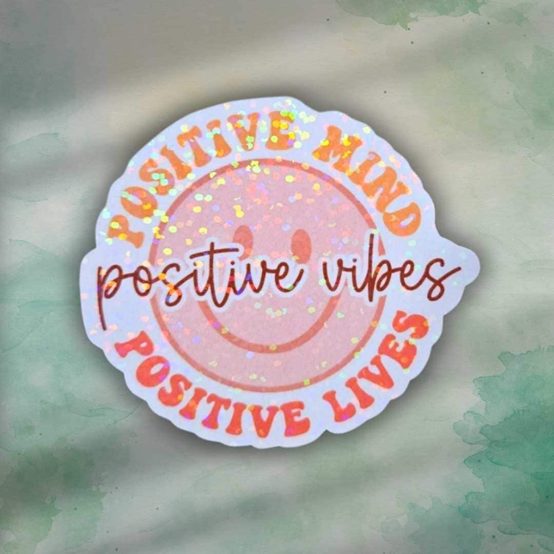 Positive Vibes Sticker – Holographic Smiley Face Vinyl Decal | Motivational Quote Laptop Water Bottle or Journal Sticker Thoughts are Energy