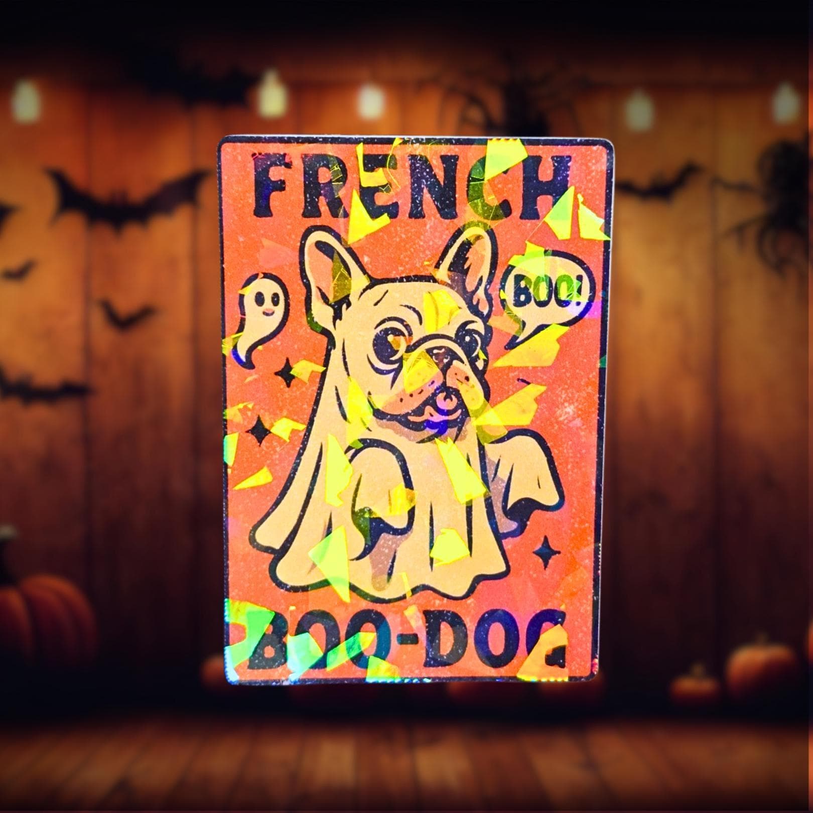 Holographic French Bulldog Ghost Sticker – Boo Dog Halloween Vinyl Decal
