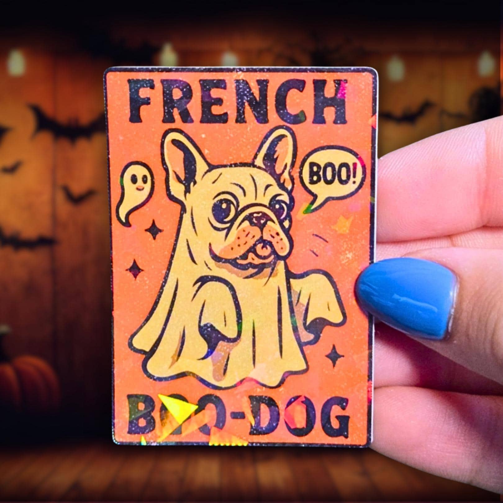 Holographic French Bulldog Ghost Sticker – Boo Dog Halloween Vinyl Decal