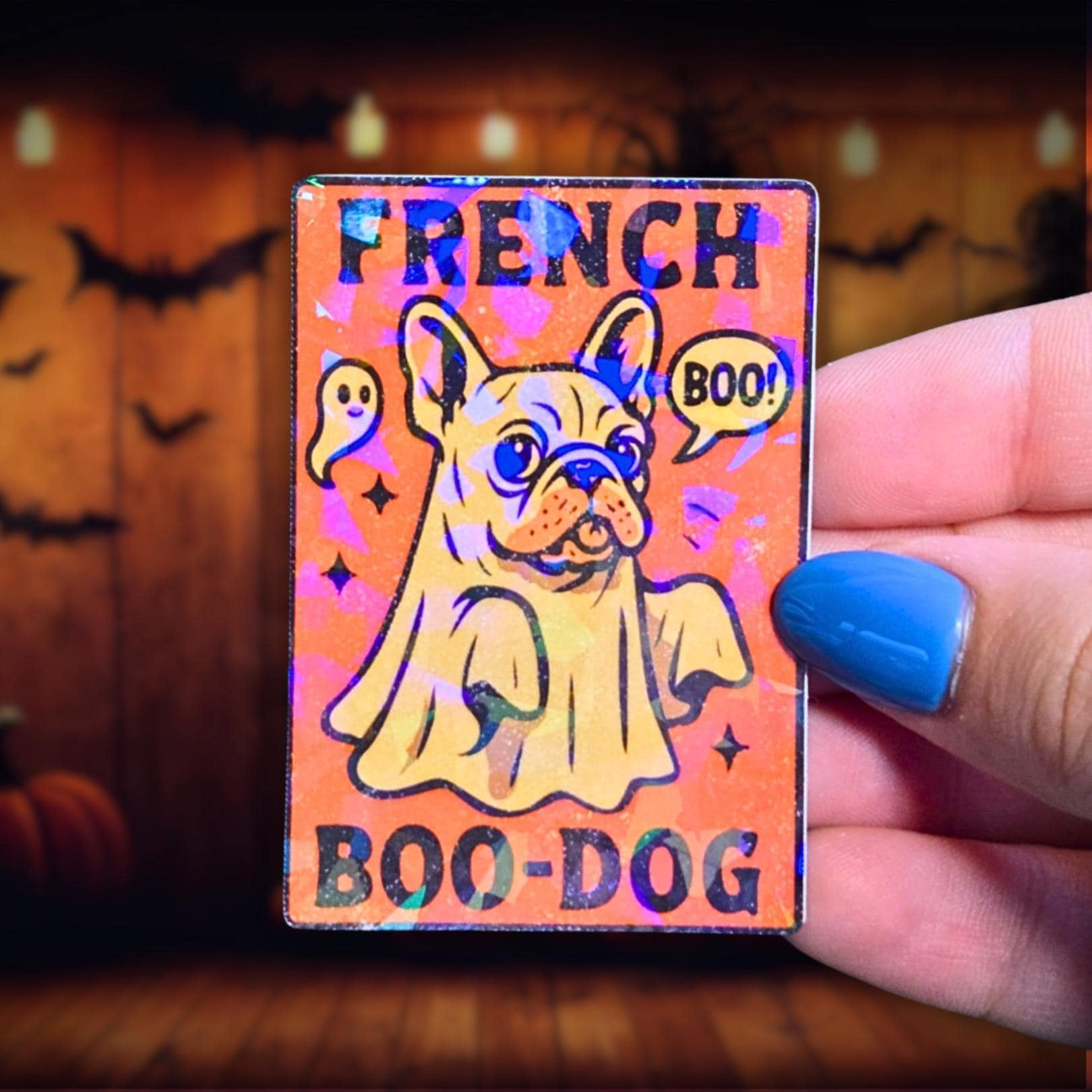 Holographic French Bulldog Ghost Sticker – Boo Dog Halloween Vinyl Decal