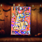 Gem holographic French Bulldog ghost sticker reading French Boo-Dog with mini ghosts on orange background, cute Halloween design for dog lovers