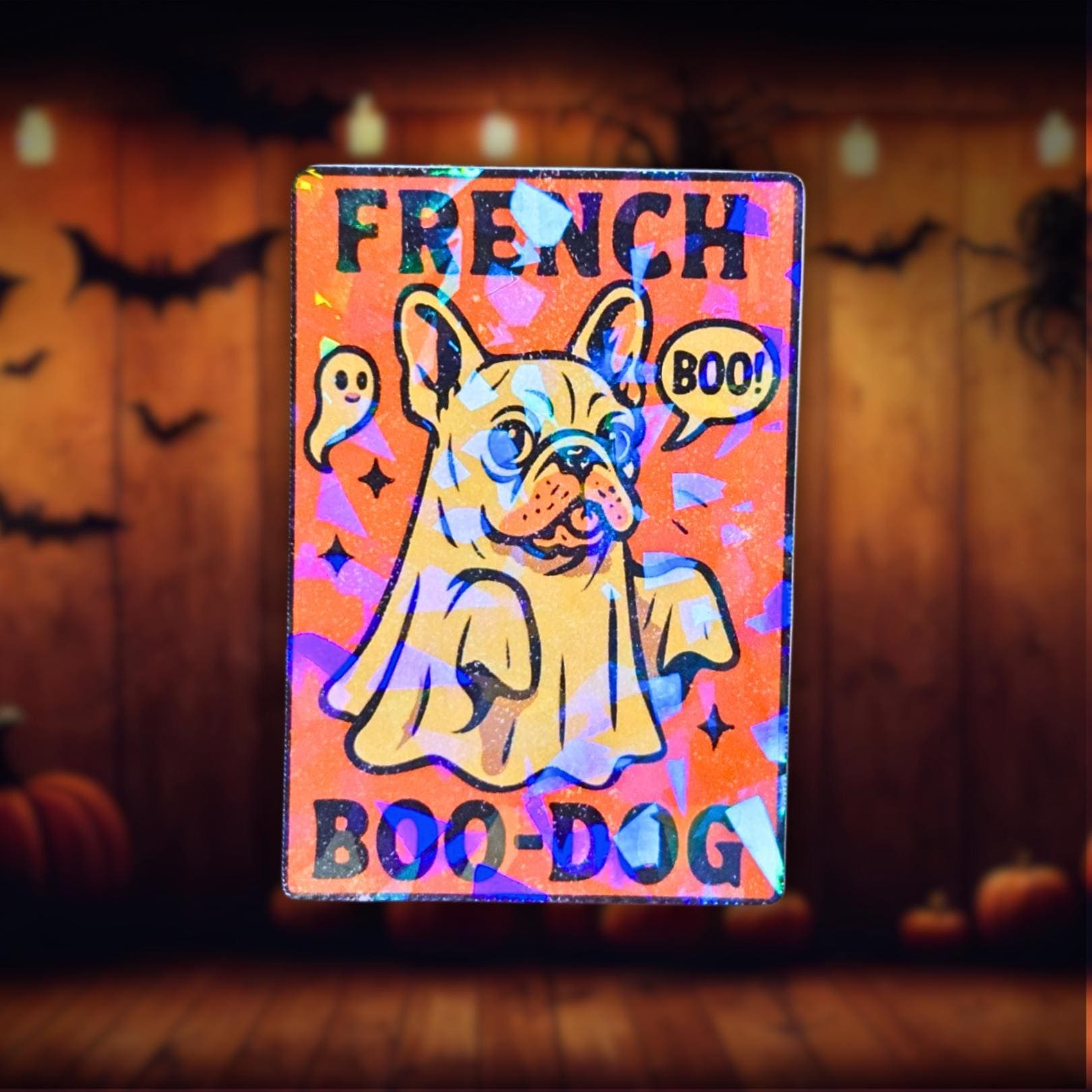 Gem holographic French Bulldog ghost sticker reading French Boo-Dog with mini ghosts on orange background, cute Halloween design for dog lovers