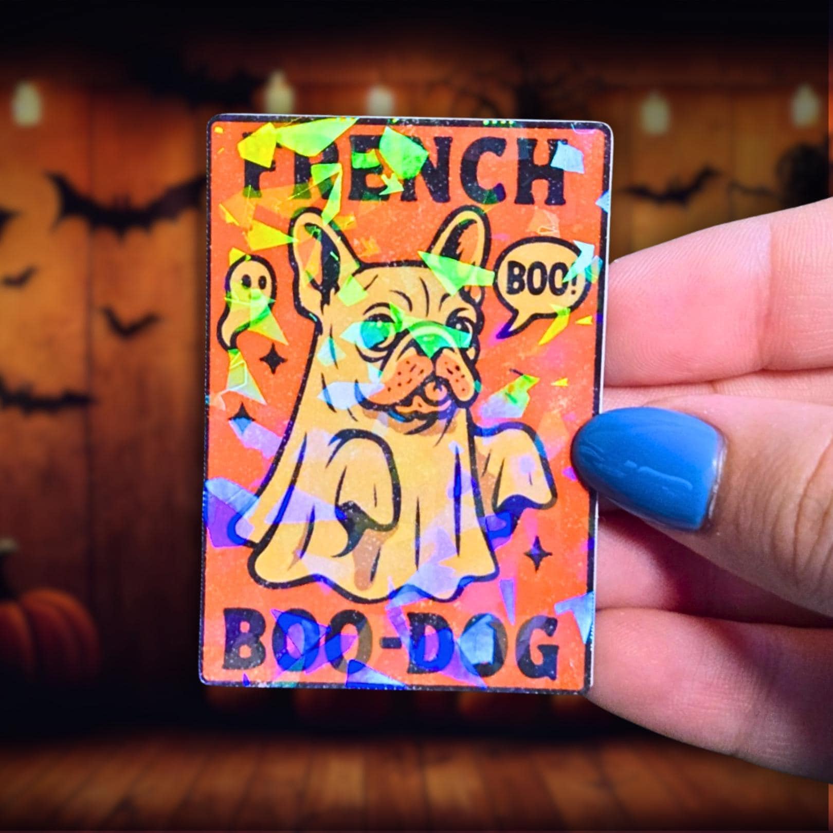 Holographic French Bulldog Ghost Sticker – Boo Dog Halloween Vinyl Decal